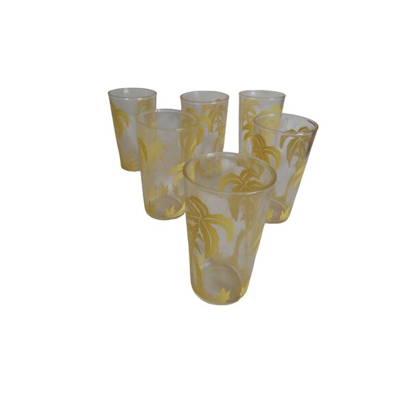 Lot of 6 Vintage Hazel Atlas Yellow Palm Tree 3.5" Juice Glasses Swanky Swigs - Picture 1 of 6